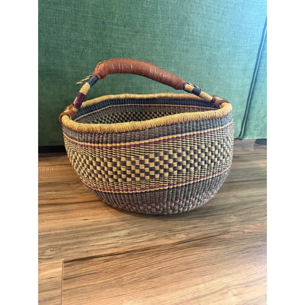 Bolga basket LARGE Hand Woven Natural African Market Leather Handle Reshapeable